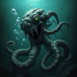 A malformed Kraken, with grotesque and twisted tentacles, lurks menacingly in the depths of an underwater abyss