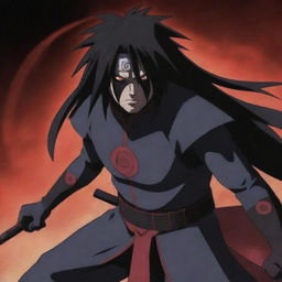 An intense image of Uchiha Madara from the anime series Naruto, in his battle-ready stance. He has his Sharingan eyes activated, hair flowing wildly, and wearing his traditional shinobi armor.