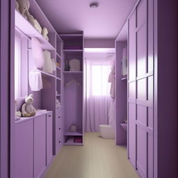 Create an image of a 10x12 room for a 14-year-old girl with a design that's not overly childish. North side features a full sliding door, east side contains storage and shelving, south side has a room door, toilet door, and wardrobe, and west side is the bed wall. Color theme should be light lavender and white.