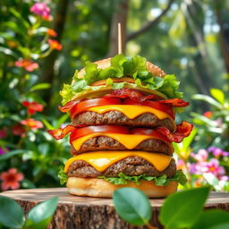 A vibrant burger with layers of toppings including a juicy beef patty, melted cheese, fresh lettuce, ripe tomatoes, and crispy bacon, all stacked high