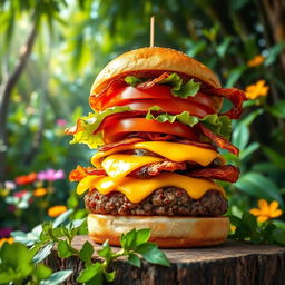 A vibrant burger with layers of toppings including a juicy beef patty, melted cheese, fresh lettuce, ripe tomatoes, and crispy bacon, all stacked high