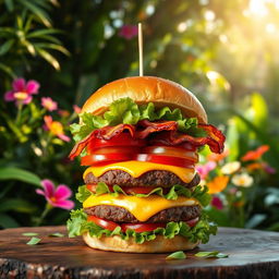 A vibrant burger with layers of toppings including a juicy beef patty, melted cheese, fresh lettuce, ripe tomatoes, and crispy bacon, all stacked high