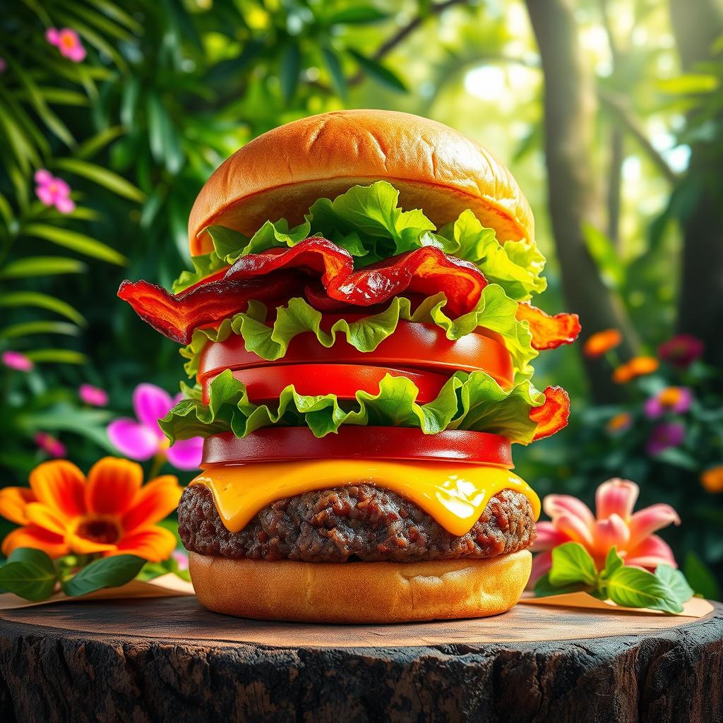 A vibrant burger with layers of toppings including a juicy beef patty, melted cheese, fresh lettuce, ripe tomatoes, and crispy bacon, all stacked high