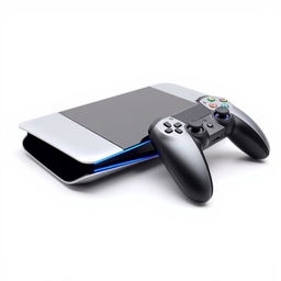 A close-up view of a sleek modern gaming device with an accompanying stylish controller, both prominently displayed against a clean white background