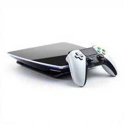 A close-up view of a sleek modern gaming device with an accompanying stylish controller, both prominently displayed against a clean white background