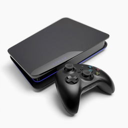 A close-up view of a sleek modern gaming device with an accompanying stylish controller, both prominently displayed against a clean white background