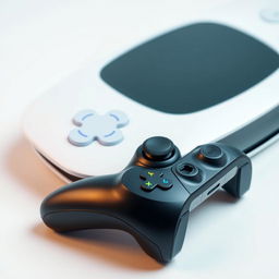 A close-up view of a sleek modern gaming device with an accompanying stylish controller, both prominently displayed against a clean white background