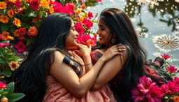 Two beautiful Indian ladies, both in their mid-30s with long black hair, engaging in an intimate and affectionate scene by the magical pond