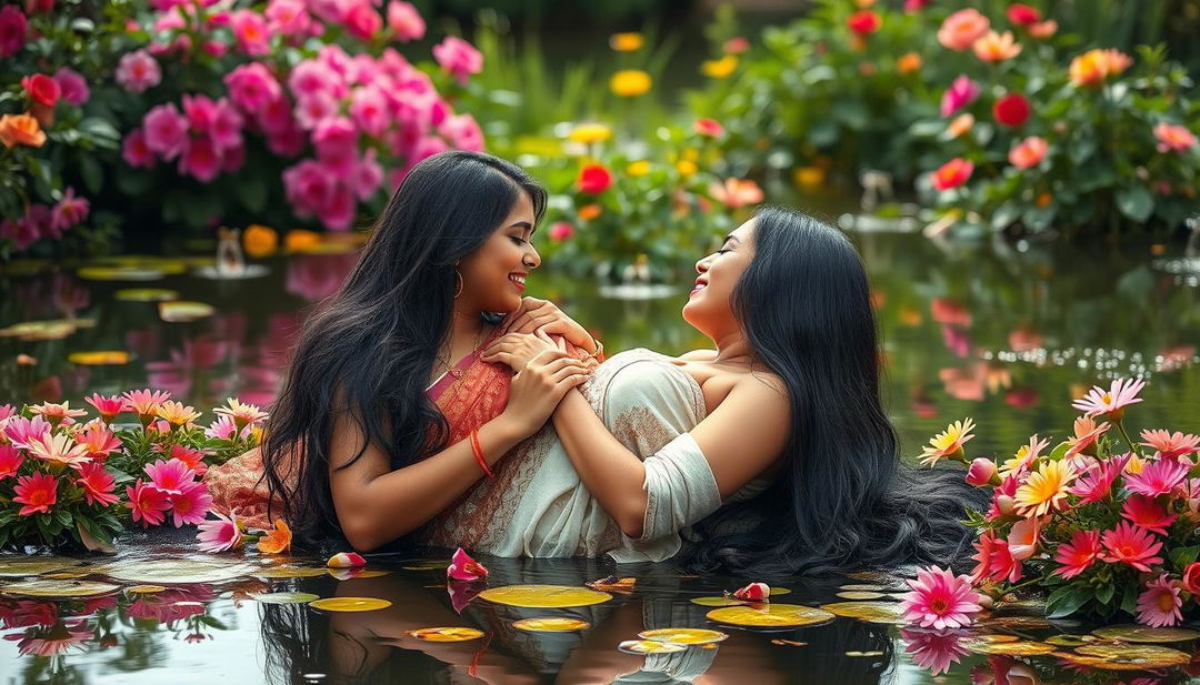 Two beautiful Indian ladies, both in their mid-30s with long black hair, engaging in an intimate and affectionate scene by the magical pond