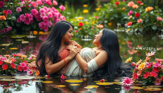 Two beautiful Indian ladies, both in their mid-30s with long black hair, engaging in an intimate and affectionate scene by the magical pond