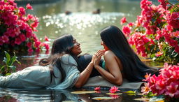 Two beautiful Indian ladies, both in their mid-30s with long black hair, engaging in an intimate and affectionate scene by the magical pond