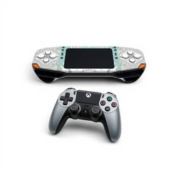 An artistic depiction of a unique gaming device alongside a stylish controller, both prominently displayed against a pristine white background