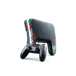 An artistic depiction of a unique gaming device alongside a stylish controller, both prominently displayed against a pristine white background