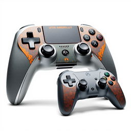 An artistic depiction of a unique gaming device alongside a stylish controller, both prominently displayed against a pristine white background