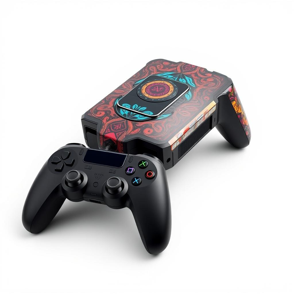 An artistic depiction of a unique gaming device alongside a stylish controller, both prominently displayed against a pristine white background