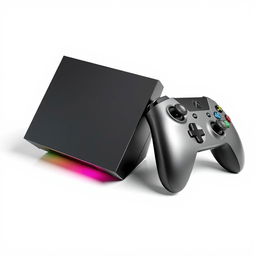 An artistic representation of a squared gaming device, distinct from any Playstation or Xbox models, positioned next to a modern gaming controller