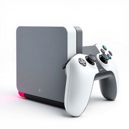 An artistic representation of a squared gaming device, distinct from any Playstation or Xbox models, positioned next to a modern gaming controller