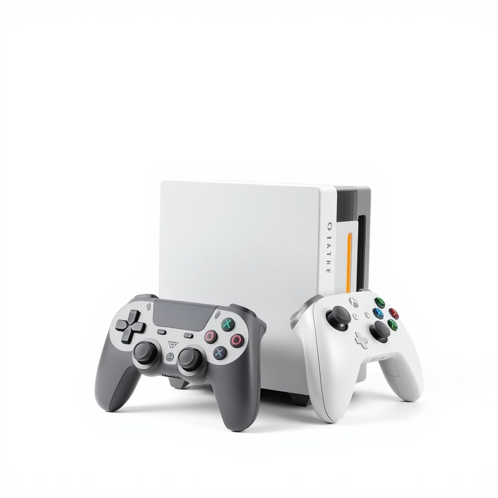 A visually striking image of a squared gaming device placed next to a matching controller, both set against a bright white background