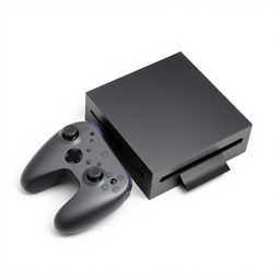 A visually striking image of a squared gaming device placed next to a matching controller, both set against a bright white background