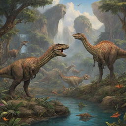 Vivid and detailed depiction of the natural environment 65 million years ago with flourishing flora, majestic dinosaurs, and vibrant ancient ecosystems.