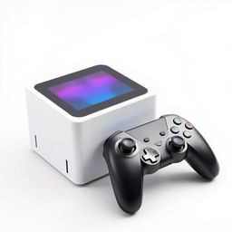 A visually striking image of a squared gaming device placed next to a matching controller, both set against a bright white background