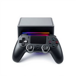 A visually striking image of a squared gaming device placed next to a matching controller, both set against a bright white background