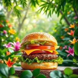 A vibrant and mouthwatering burger, perfectly assembled with a toasted sesame seed bun, a thick juicy beef patty, melted cheddar cheese, fresh lettuce, slices of ripe tomato, and crispy pickles