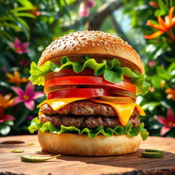 A vibrant and mouthwatering burger, perfectly assembled with a toasted sesame seed bun, a thick juicy beef patty, melted cheddar cheese, fresh lettuce, slices of ripe tomato, and crispy pickles