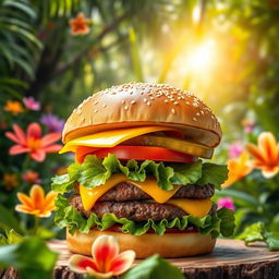 A vibrant and mouthwatering burger, perfectly assembled with a toasted sesame seed bun, a thick juicy beef patty, melted cheddar cheese, fresh lettuce, slices of ripe tomato, and crispy pickles