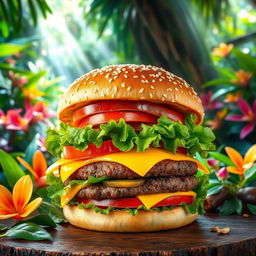 A vibrant and mouthwatering burger, perfectly assembled with a toasted sesame seed bun, a thick juicy beef patty, melted cheddar cheese, fresh lettuce, slices of ripe tomato, and crispy pickles