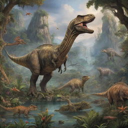 Vivid and detailed depiction of the natural environment 65 million years ago with flourishing flora, majestic dinosaurs, and vibrant ancient ecosystems.