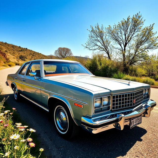 A classic Chevrolet Omega CD parked on a scenic road, shining under a clear blue sky