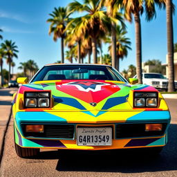 A vibrant and colorful 1980s car, featuring a sleek aerodynamic shape, pop-up headlights, and a distinctive paint job with geometric patterns typical of the era