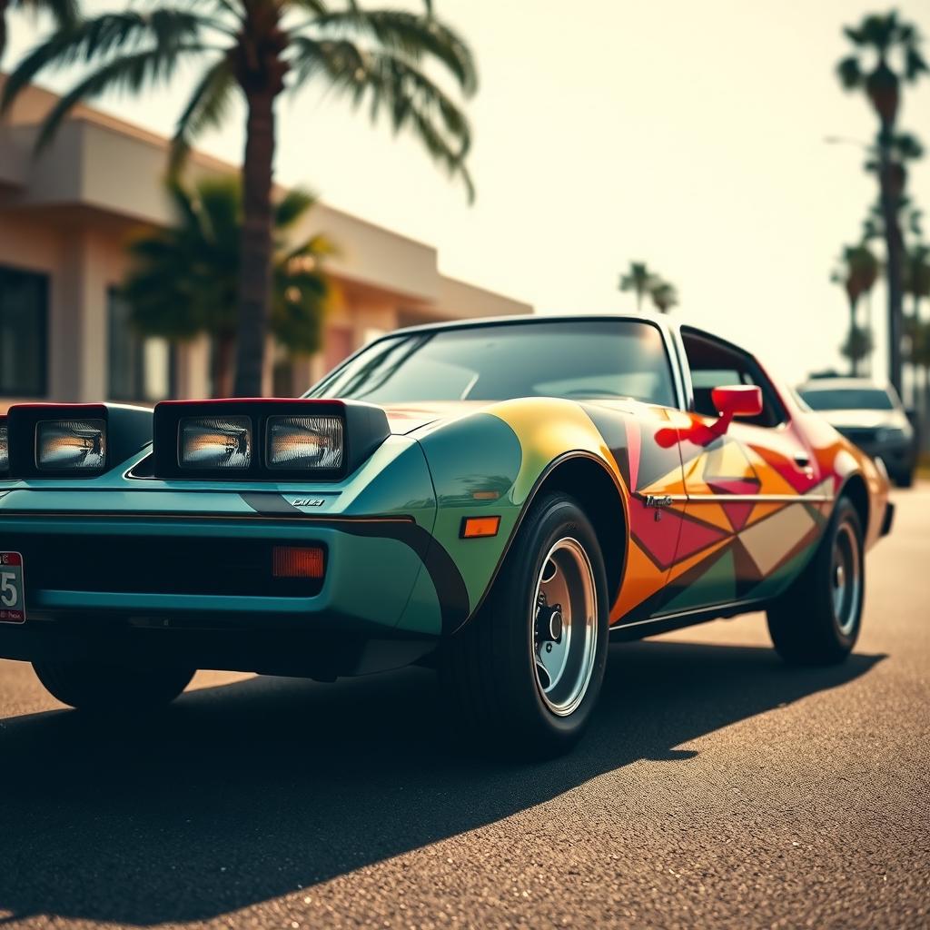 A vibrant and colorful 1980s car, featuring a sleek aerodynamic shape, pop-up headlights, and a distinctive paint job with geometric patterns typical of the era