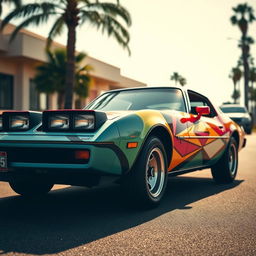 A vibrant and colorful 1980s car, featuring a sleek aerodynamic shape, pop-up headlights, and a distinctive paint job with geometric patterns typical of the era