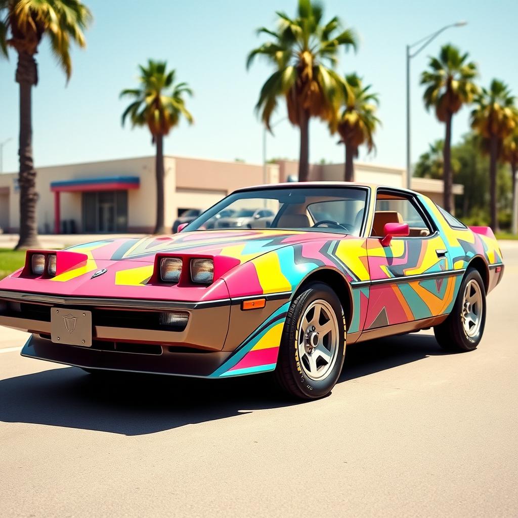 A vibrant and colorful 1980s car, featuring a sleek aerodynamic shape, pop-up headlights, and a distinctive paint job with geometric patterns typical of the era