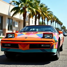 A vibrant and colorful 1980s car, featuring a sleek aerodynamic shape, pop-up headlights, and a distinctive paint job with geometric patterns typical of the era