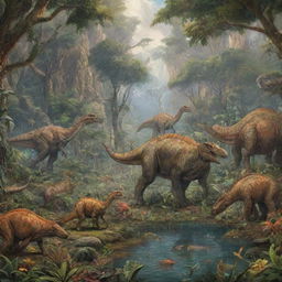 Vivid and detailed depiction of the natural environment 65 million years ago with flourishing flora, majestic dinosaurs, and vibrant ancient ecosystems.