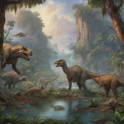 Vivid and detailed depiction of the natural environment 65 million years ago with flourishing flora, majestic dinosaurs, and vibrant ancient ecosystems.