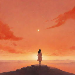 An emotional, dreamlike illustration inspired by IU's song 'Eight', featuring a solitary figure beneath a radiant, gleaming orange sky infused with magical realism.