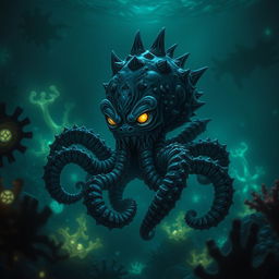 A young Kraken with menacing features, its small but formidable body is characterized by twisted tentacles and an array of sharp, jagged spikes