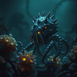 A young Kraken with menacing features, its small but formidable body is characterized by twisted tentacles and an array of sharp, jagged spikes