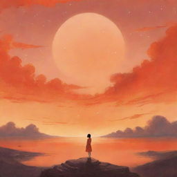 An emotional, dreamlike illustration inspired by IU's song 'Eight', featuring a solitary figure beneath a radiant, gleaming orange sky infused with magical realism.