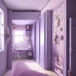 Create an image of a 10x12 room for a 14-year-old girl with a design that's not overly childish. North side features a full sliding door, east side contains storage and shelving, south side has a room door, toilet door, and wardrobe, and west side is the bed wall. Color theme should be light lavender and white.