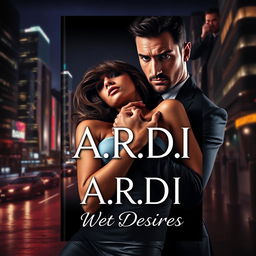 An intriguing dark romance book cover that captures a wealthy, dominant man gripping a defenseless woman by the neck in a thrilling nighttime city setting