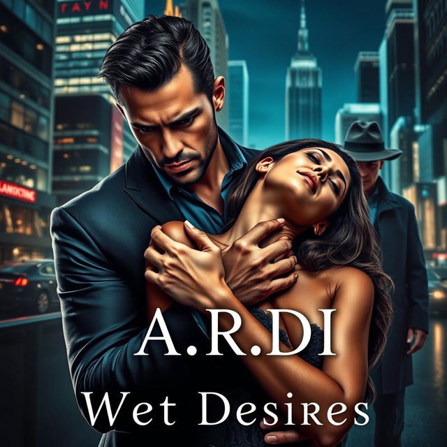 An intriguing dark romance book cover that captures a wealthy, dominant man gripping a defenseless woman by the neck in a thrilling nighttime city setting