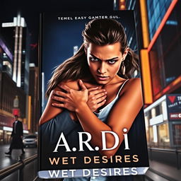 An intriguing dark romance book cover that captures a wealthy, dominant man gripping a defenseless woman by the neck in a thrilling nighttime city setting