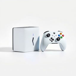 A squared gaming device alongside a matching controller, both elegantly displayed against a clean white background