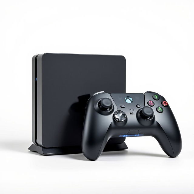 A squared gaming device alongside a matching controller, both elegantly displayed against a clean white background