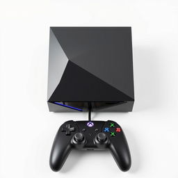 A squared gaming device alongside a matching controller, both elegantly displayed against a clean white background